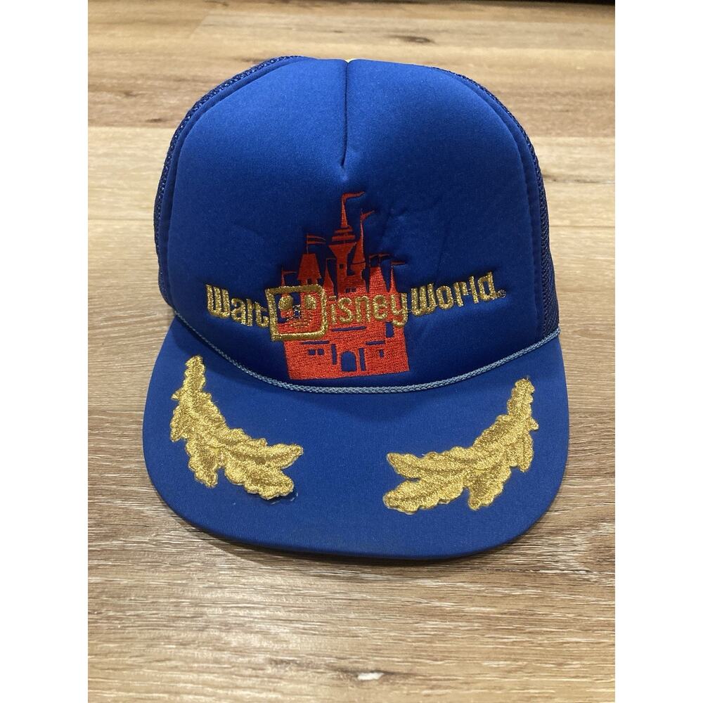 VTG 80s Disneyland Mesh Trucker Hat Gold Leaf Embroidered Castle Snapback Blue